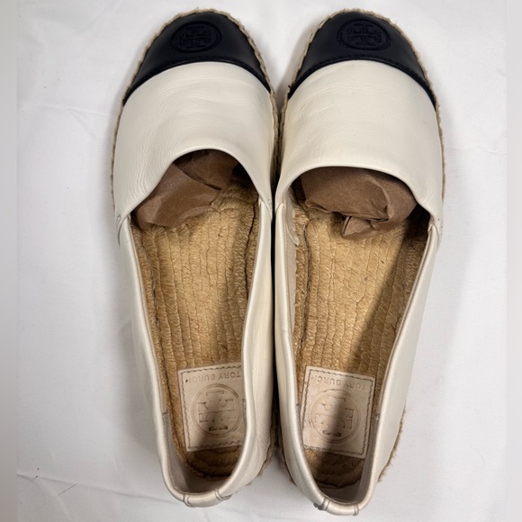 Tory Burch Colorblock Leather Espadrille Flats Black White Logo Cap Toe Slip-On✨ - Picture 7 of 9